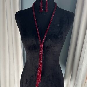 White House Black Market Deep Red Beaded Lariat Necklace with matching earrings